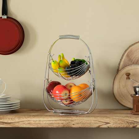 Basicwise 2 Tier Metal Fruit Holder Swing Basket, Detachable Countertop Organizer with Display Hammock Stand QI004474